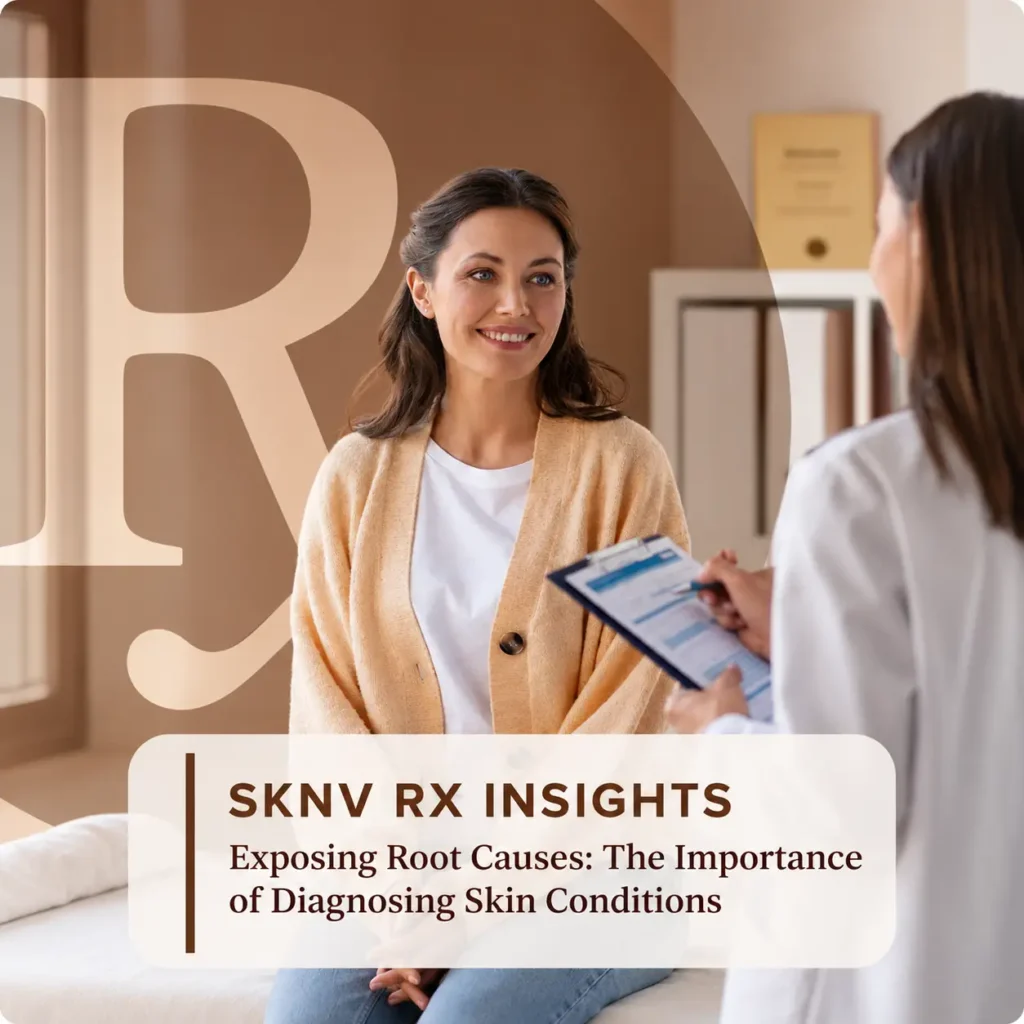 Smiling woman seated on an exam table talking with a dermatologist holding a clipboard, with the title SKNV Rx Insights: Exposing Root Causes: The Importance of Diagnosing Skin Conditions