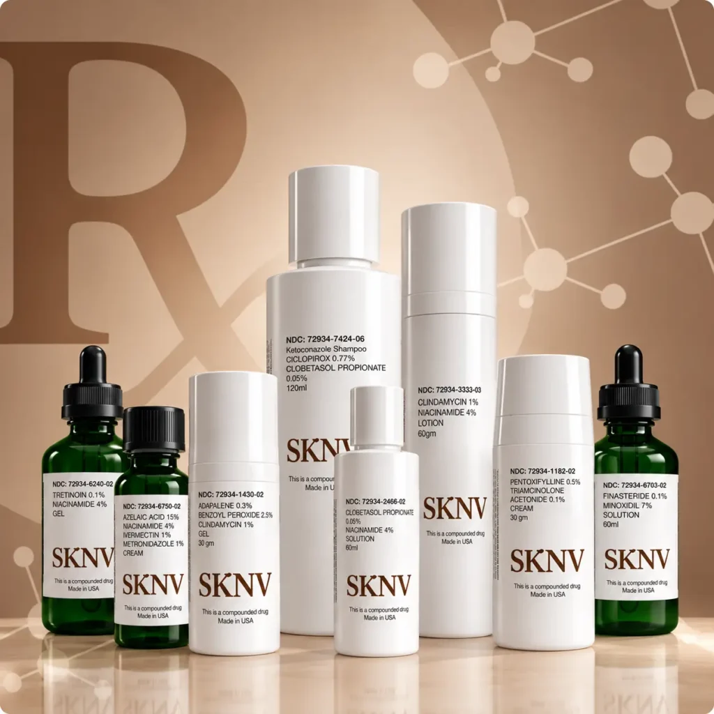 Lineup of eight SKNV customized dermatology medications in white pump bottles and green dropper bottles, including an adapalene, benzoyl peroxide, and clindamycin acne gel, in front of a large Rx symbol