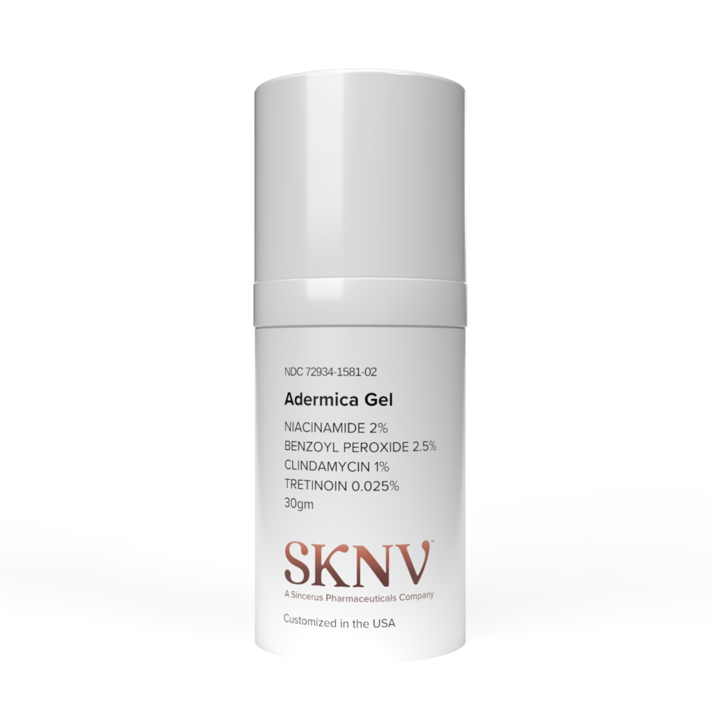 Adermica Gel 30ml airless pump – Benzoyl Peroxide 2.5% Clindamycin 1% Niacinamide 2% Tretinoin 0.025% compounded by SKNV Pharmacy
