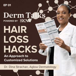 Dr. Dina Strachan of Aglow Dermatology holding an SKNV prescription guide on the Derm Talks podcast cover, Episode 01 — Hair Loss Hacks.
