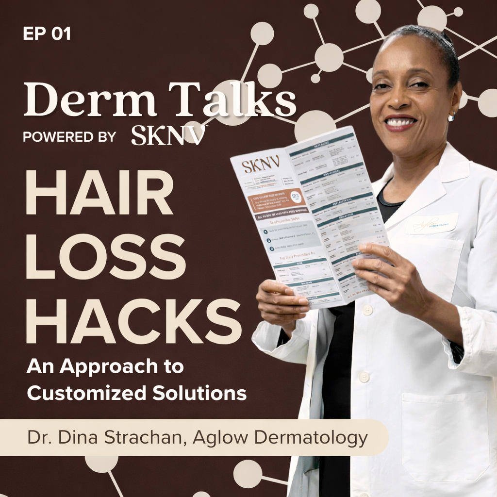 Dr. Dina Strachan of Aglow Dermatology holding an SKNV prescription guide on the Derm Talks podcast cover, Episode 01 — Hair Loss Hacks.