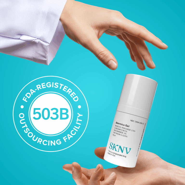 Close-up of a doctor handing Adermica Gel to a patient, with the 503B Outsourcing Facility symbol shown to represent SKNV’s FDA-registered compounding standards.