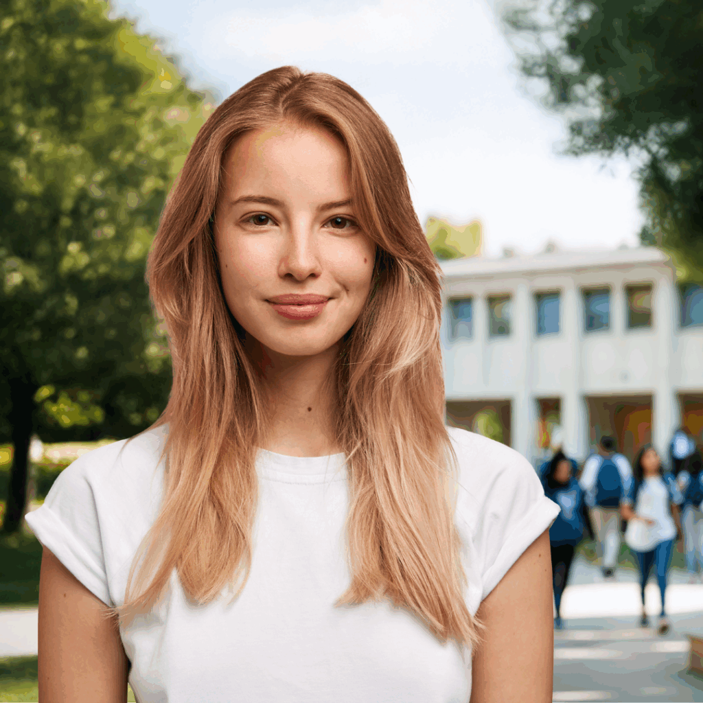 Confident teenage girl with long blonde hair smiling outdoors on a sunny day, standing on a school campus path with students in the background.