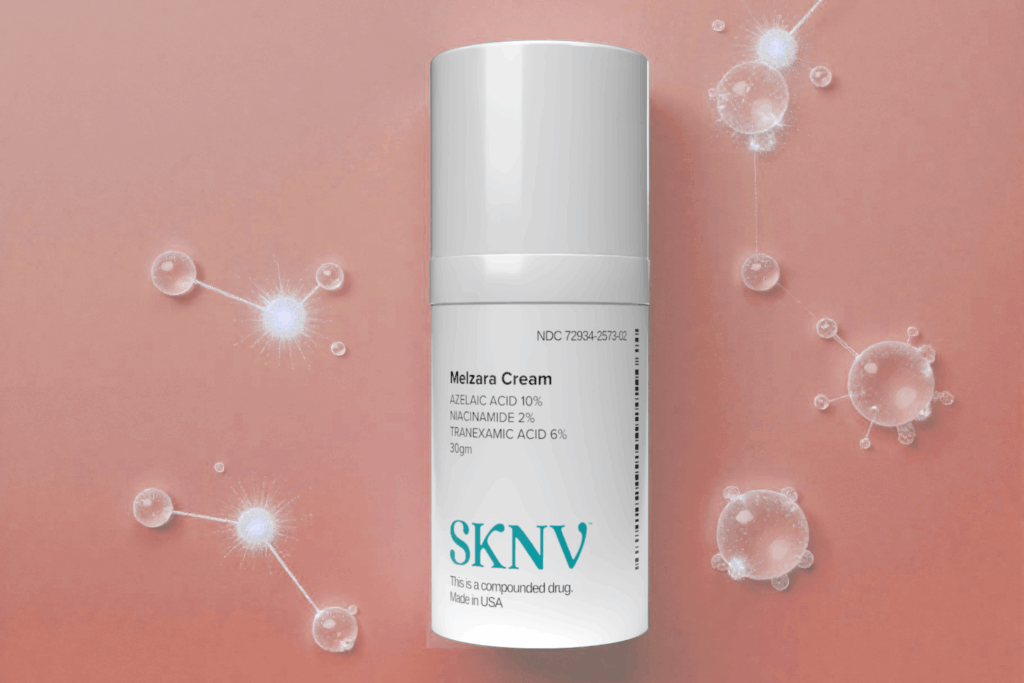 Melzara Cream bottle on a skin-toned background with illustrated active ingredient molecules.