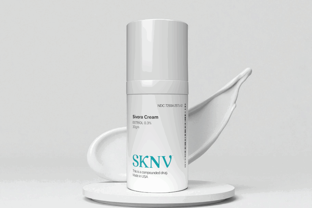 SKNV Sivora Cream bottle with applicator on white platform - estriol-based prescription skincare