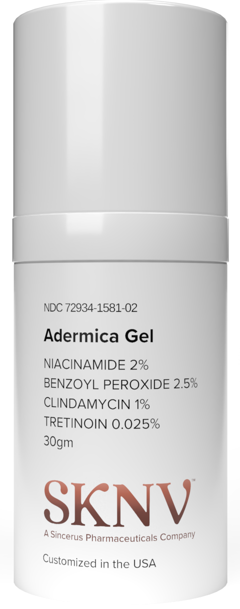 Adermica Gel with Niacinamide 2%, Benzoyl Peroxide 2.5%, Clindamycin 1%, and Tretinoin 0.025% - 30gm bottle by SKNV