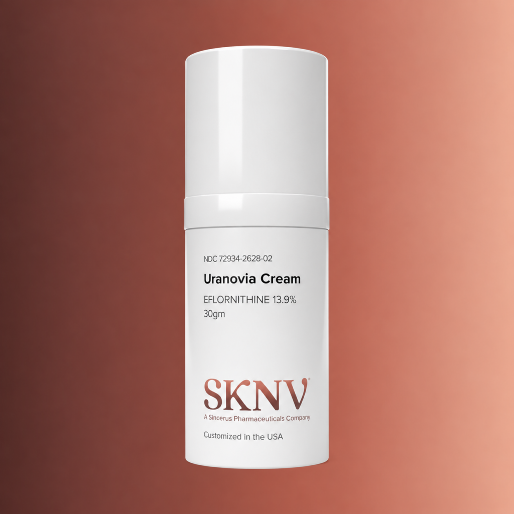 SKNV Uranovia Cream eflornithine 13.9% 30gm white airless pump bottle on a copper gradient background