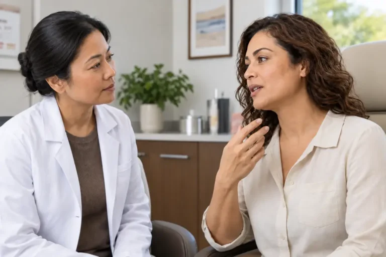 Dermatology provider listening as a female patient gestures toward her chin while discussing unwanted facial hair during a consultation